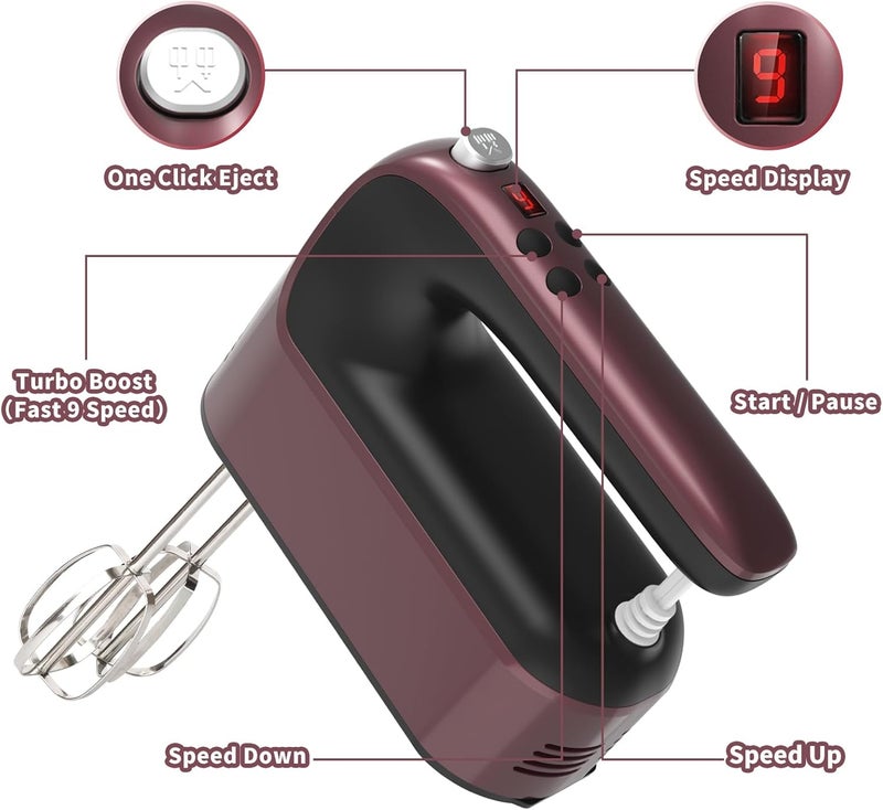Yomelo 9-Speed Digital Hand Mixer Electric, 400W Powerful DC Motor, Hand Mixer Electric Handheld with Snap-On Storage Case, 5 Stainless Steel Accessories, Beaters, Dough Hooks, Whisk(Grape Purple) - Image 2